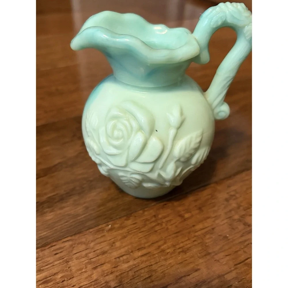 Vintage Avon Green/blue Victorian Slag Glass Rose Bath Oil‎ Pitcher & Basin Bowl